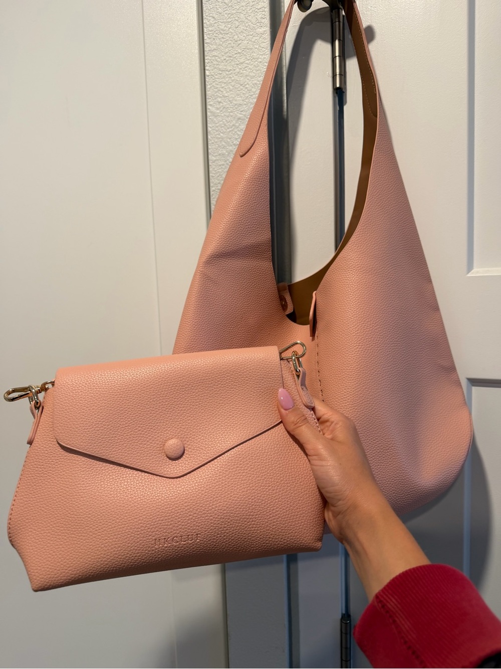 Pink Women's Leather Shoulder Bag with Removable Clutch